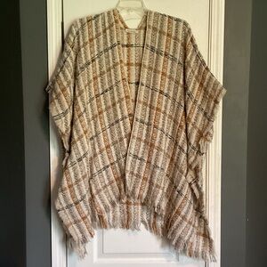 Womens Open Front Fringe Shawl or Wrap Brown & Beige Plaid One Size